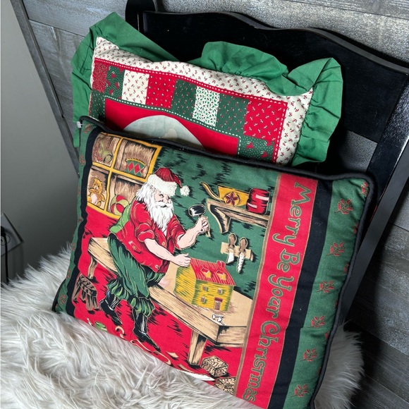 Set of 2 handmade vintage Christmas holiday pillows reversible - Picture 2 of 4